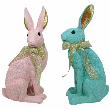 JK Home Décor - Κουνέλια Καθιστά σε Γαλάζιο & Ροζ 19x14.5x36.5cm S/2