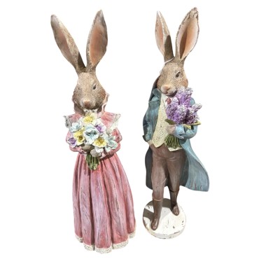 JΚ Home Decor - Λαγοί Ζευγάρι με Μπουκέτο Πολυρεζίν 53cm S/2