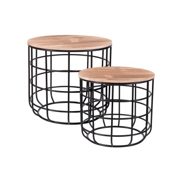 JK Home Décor - Side Table Metal Black with Pinewood