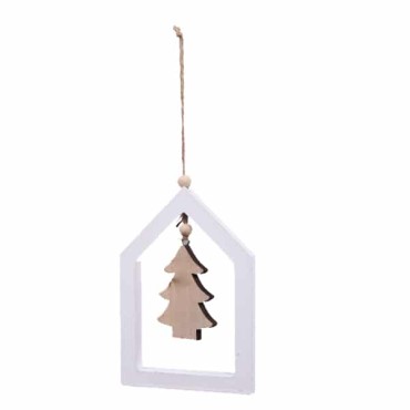 JK Home Décor - Σπιτακι Ξύλινο Λευκό Κρεμαστό με Δεντράκι 11x16cm