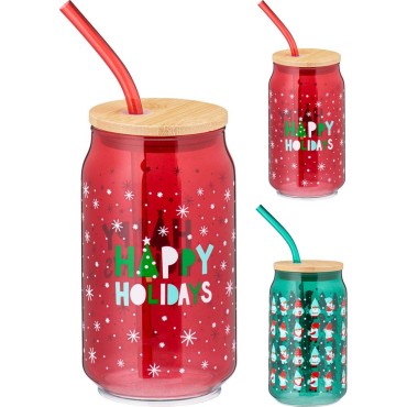JK Home Décor - Christmas Glass with Straw 8x14cm 2Ass