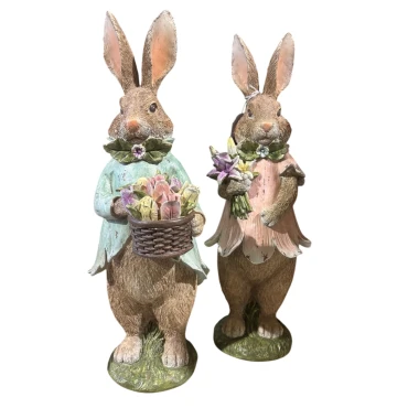 JΚ Home Décor - Λαγοί Ζευγάρι με Λουλούδια Πολυρεζίν 39cm S/2