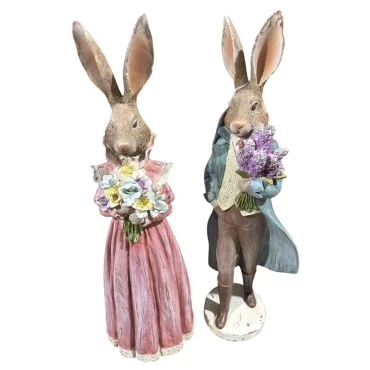 JΚ Home Décor - Λαγοί Ζευγάρι με Μπουκέτο Πολυρεζίν 53cm S/2