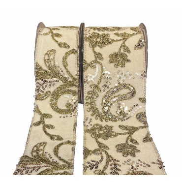 JK Home Décor - Κορδέλα Embroidery Burgundy Bagging Loneta Foil Χρυσό 10cm x 4.5m