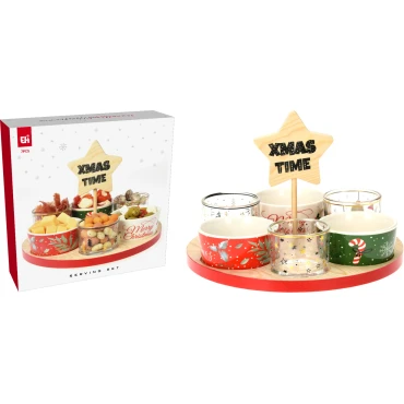 JK Home Décor - Βαση Ξύλινη 3Μπωλ Πορσελάνη S/6