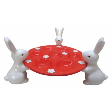 JK Home Décor - Αυγοθήκη με Κουνέλια Κόκκινη Κεραμική 24x23x11.5cm