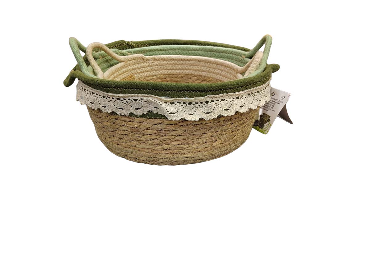 JK Home Décor - Καλάθι Seagrass με Δαντέλα Φυσικό 22-29x9-13cm S/3