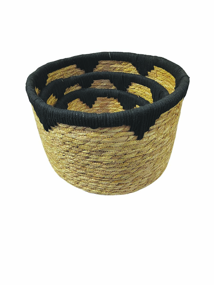 JK Home Décor - Καλάθι Seagrass Φυσικό & Μαύρο 21-29x15-24cm S/3
